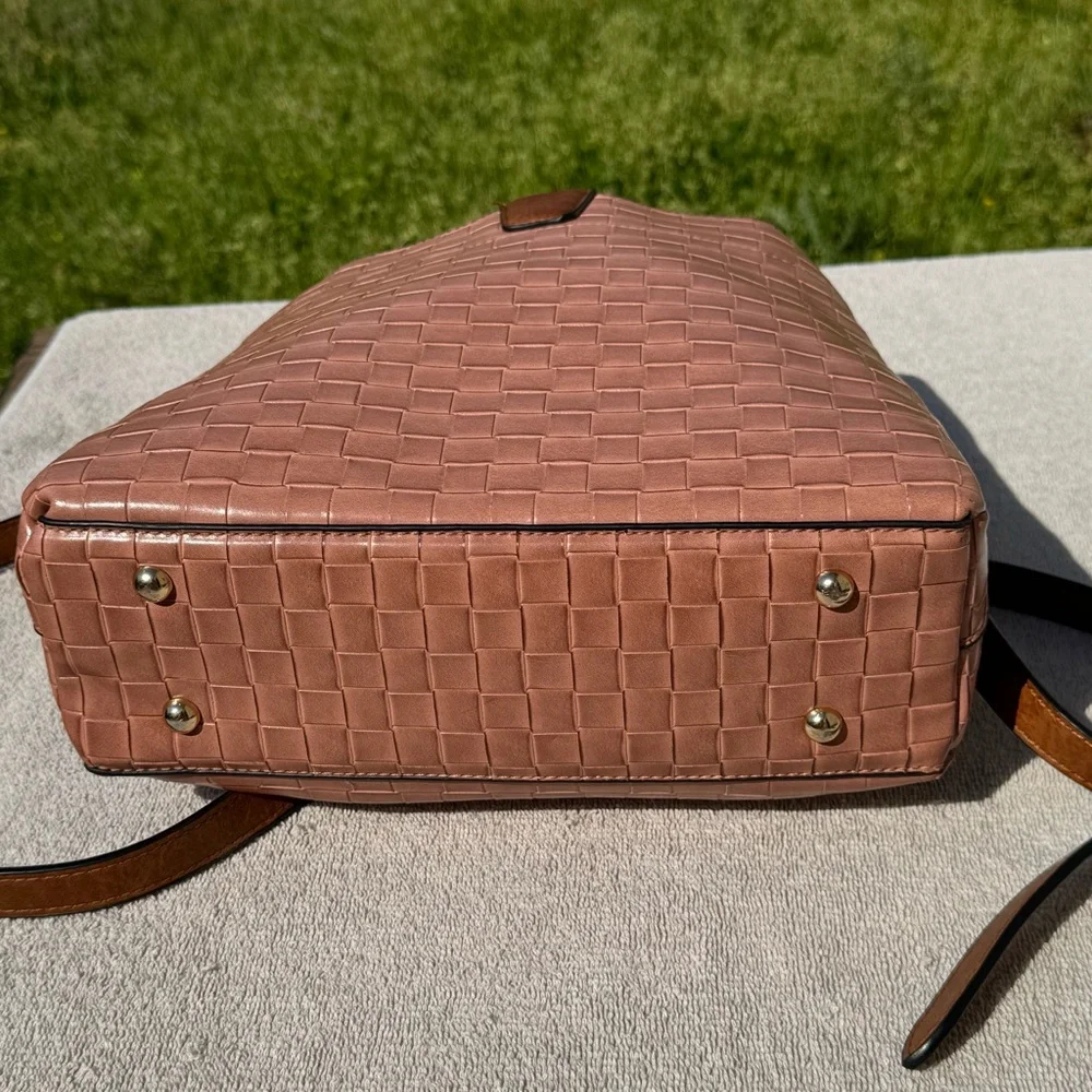 JEN & CO Woven Textured Tote Bag Pink Brown Crossbody Vegan Leather